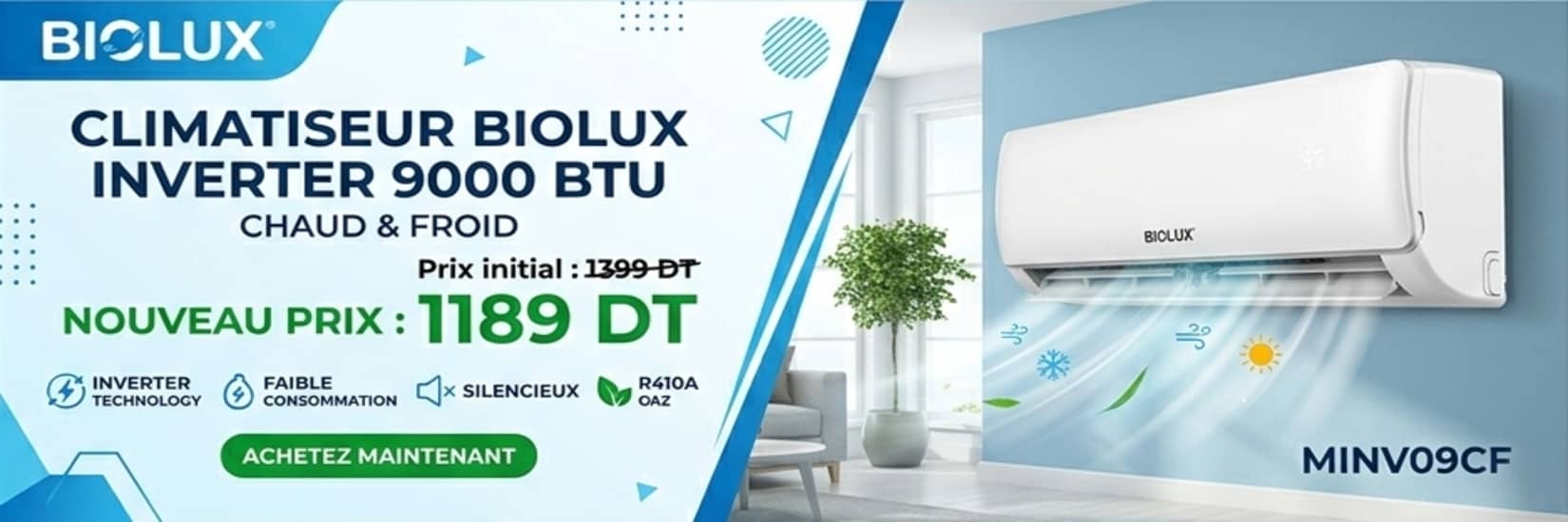Climatiseur Biolux M.INV09CF 9000 BTU Inverter Chaud & Froid - Blanc